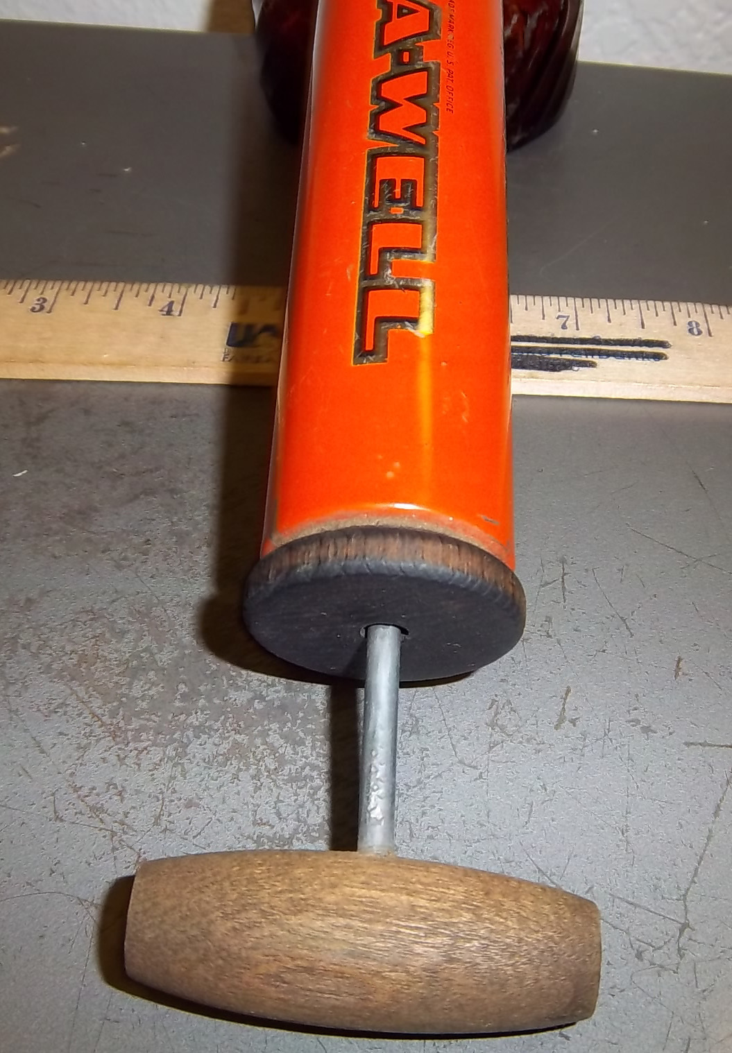 vintage Spra-well sprayer, wood handle & amber glass container, great colors!!