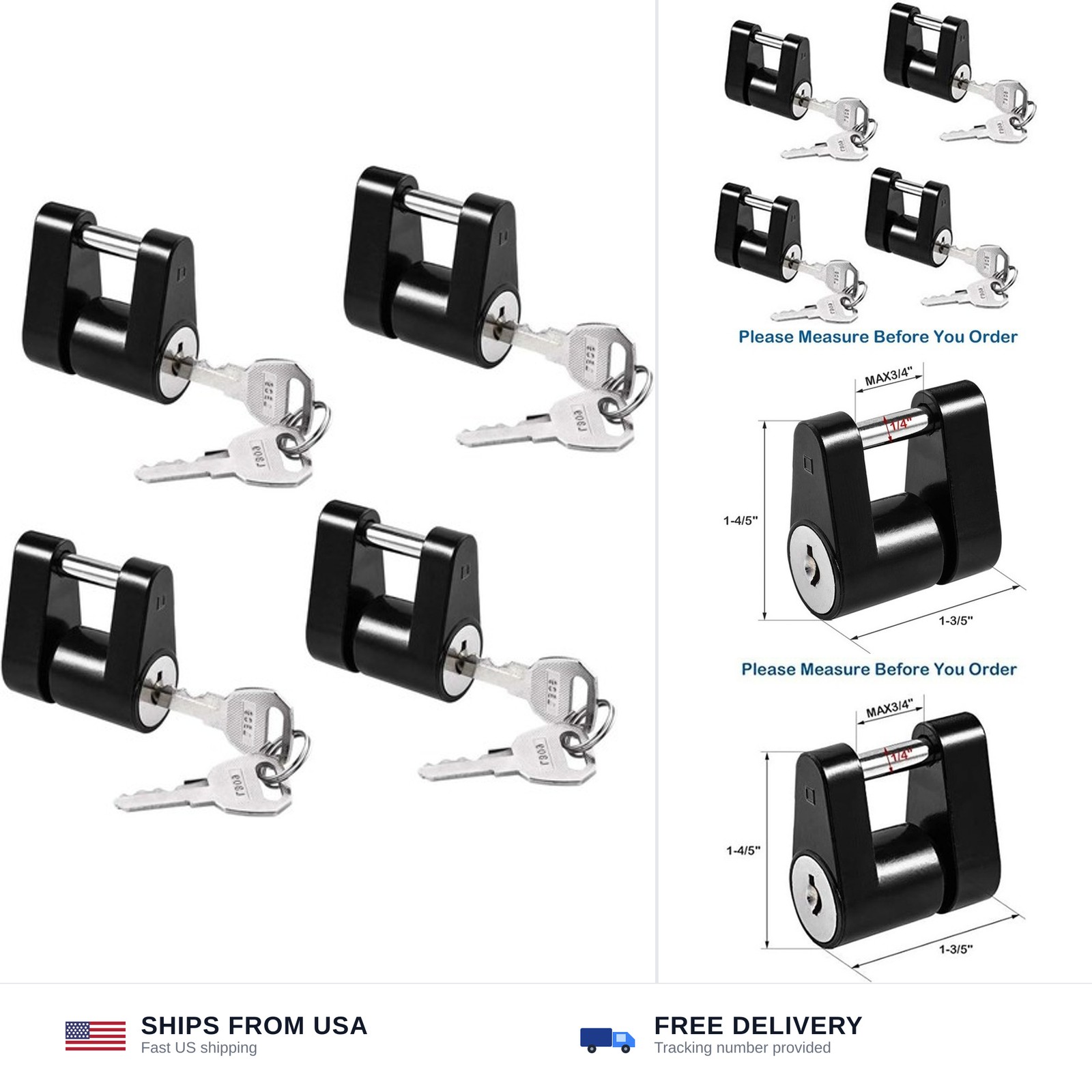 CZC AUTO Black Trailer Hitch Coupler Lock, Dia 1/4 Inch, 3/4 Inch Span for To…