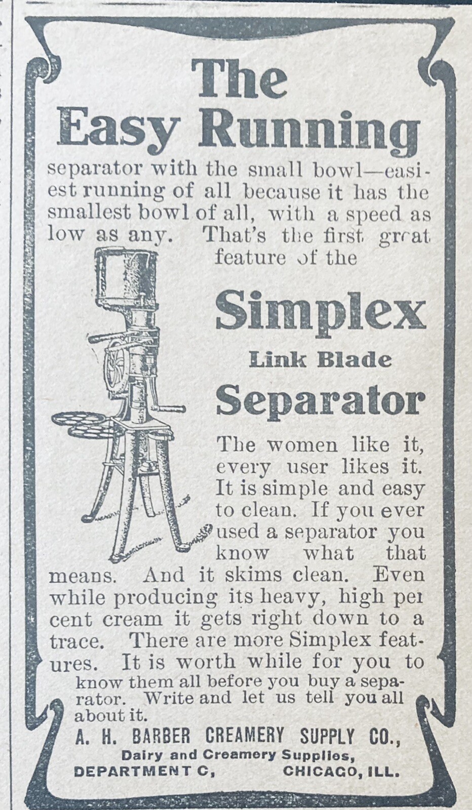 1904 AD.(XH29)~A.H. BARBER CREAMERY SUPPLY CO. CHICAGO. SIMPLEX SEPARATOR