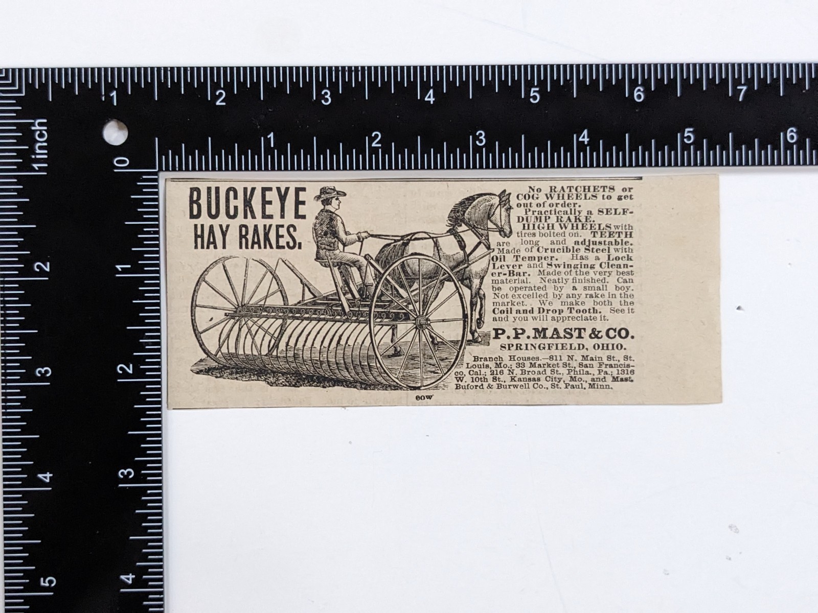 Antique 1885 Buckeye Hay Rakes Print Ad P.P. Mast & Co. Springfield Ohio Farming