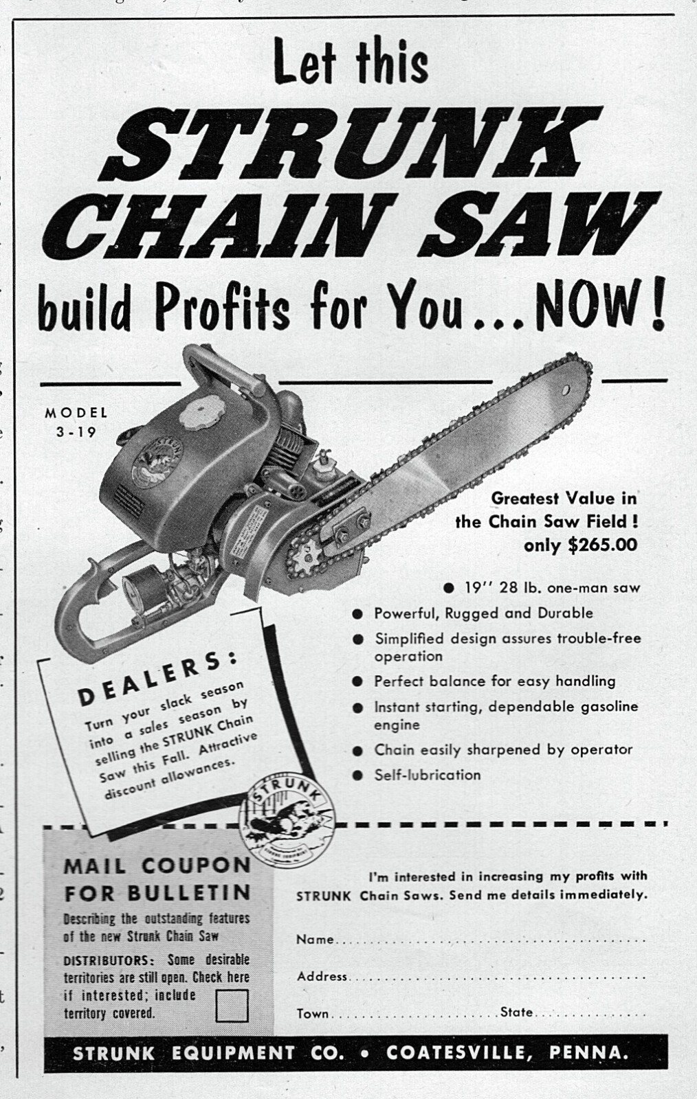 1952 Strunk Model 3-19 Chainsaw Original Print Ad