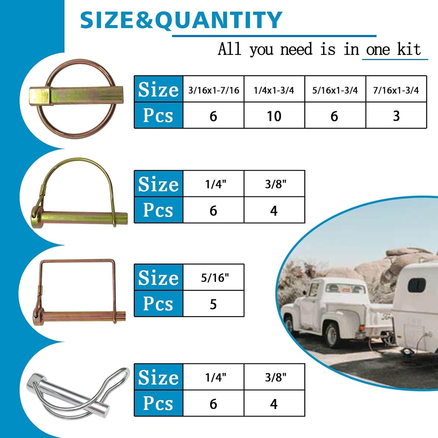 202PCS Hitch Pins Clip Pins, Linch and PTO Pins for Trailers Tractors Trucks Tow