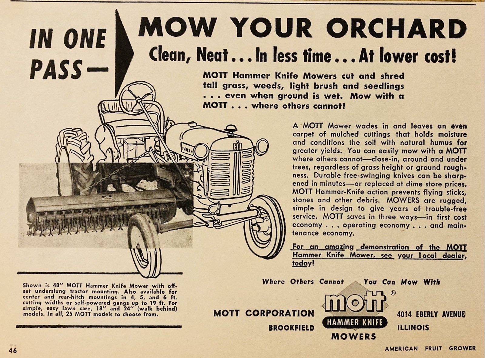 1959 AD.(PC10)~MOTT CORP., BROOKFIELD, ILL. MOTT HAMMER KNIFE ORCHARD MOWERS