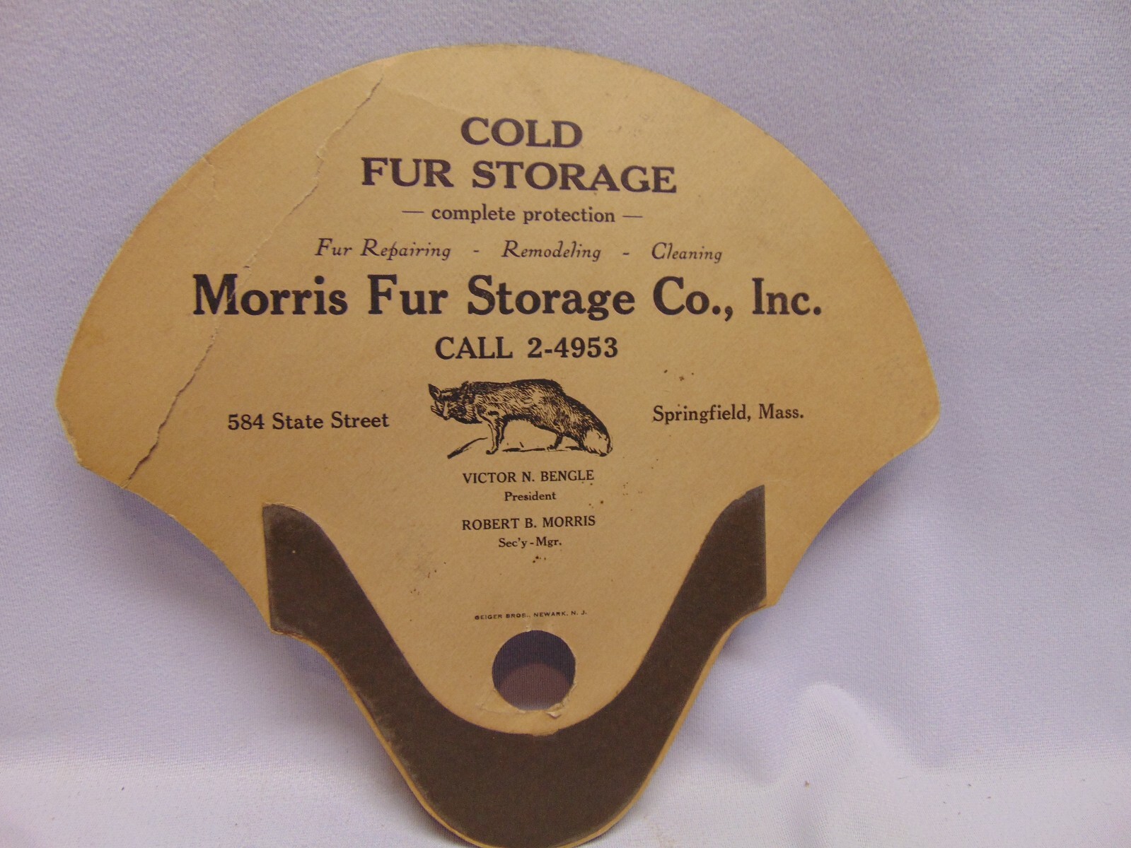 Vintage Morris Fur cold Storage Co Cardboard Advertisement Springfield Mass 10″