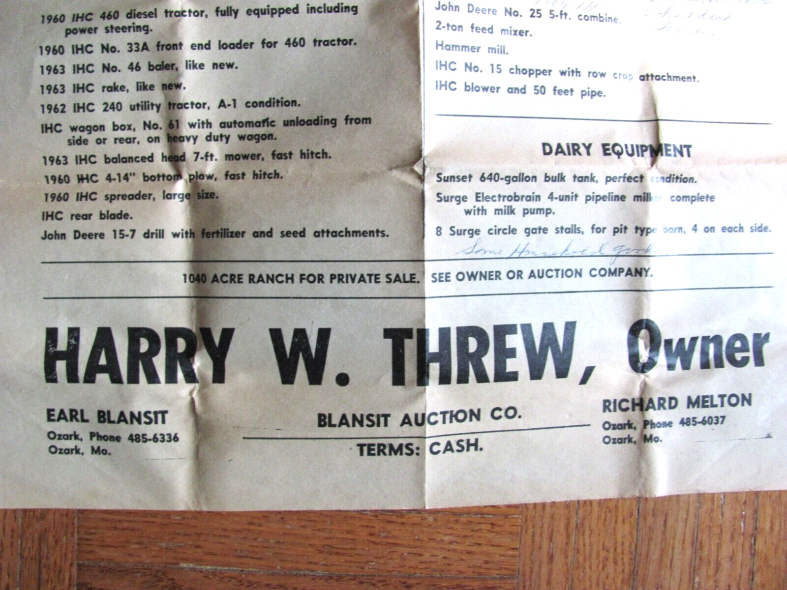 1960’S DAIRY FARM AUCTION POSTER SEYMOUR MISSOURI AREA HARRY THREW