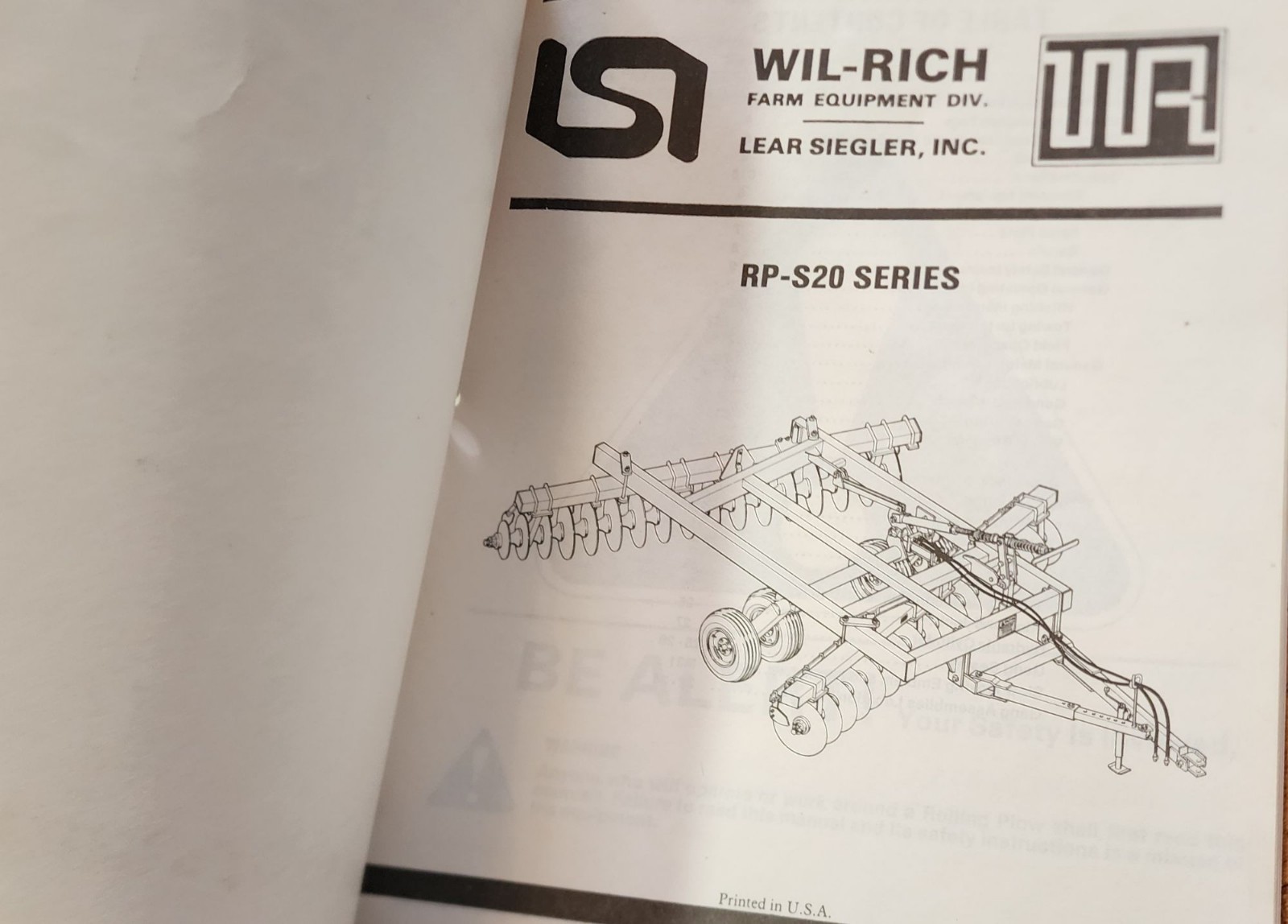 1984 Wil-Rich Standard Rolling Plow Disk Operator’s Manual RPS 20 Series 10’-16’