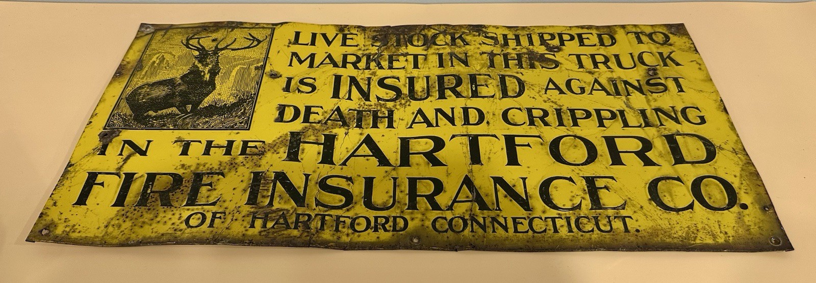 Vintage Hartford Fire Insurance Live Stock Market Metal Sign 23 1/2″ X 11 1/4″