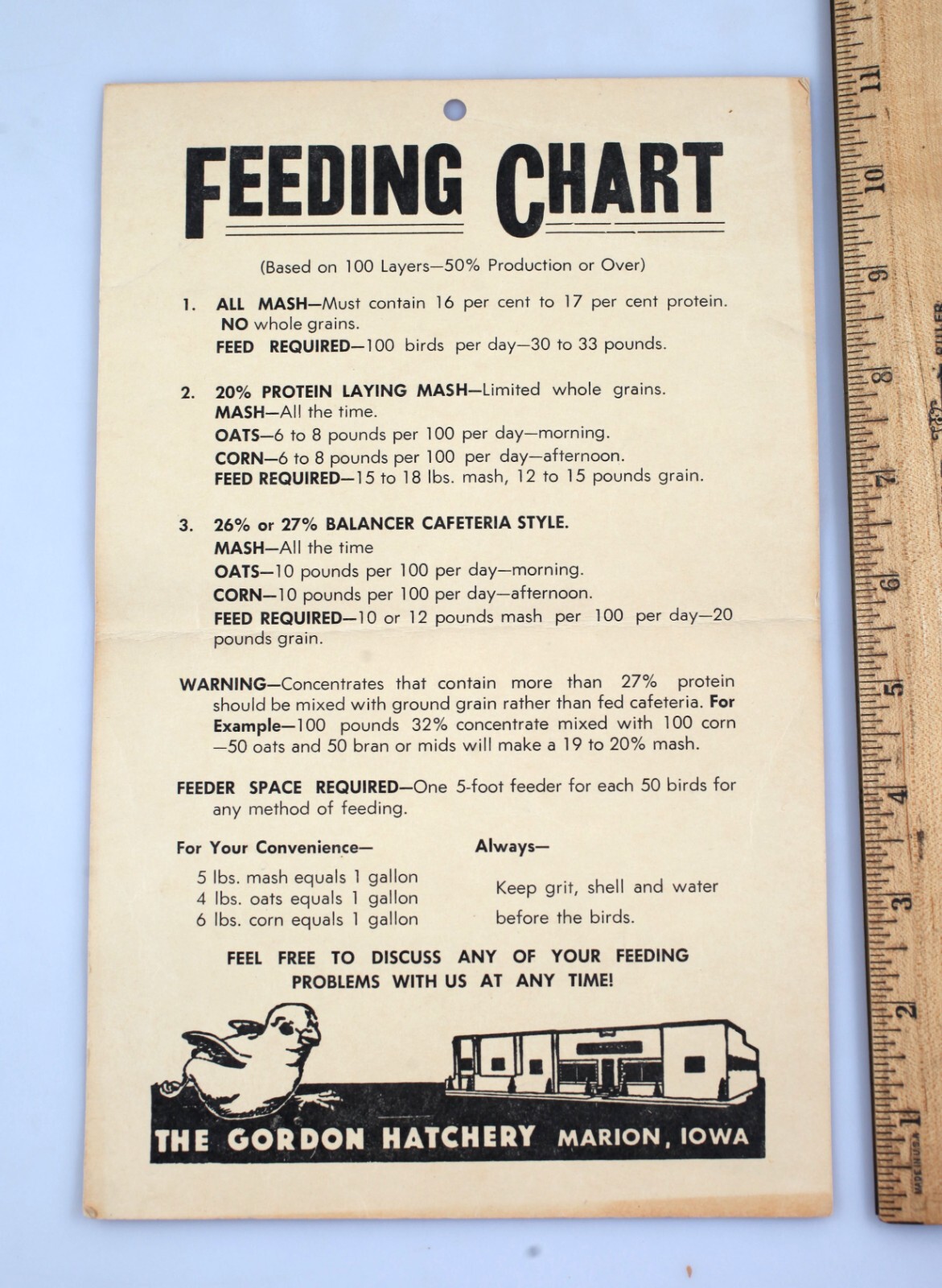Vintage The Gordon Hatchery Feed Chart Marion Iowa 1950s ?