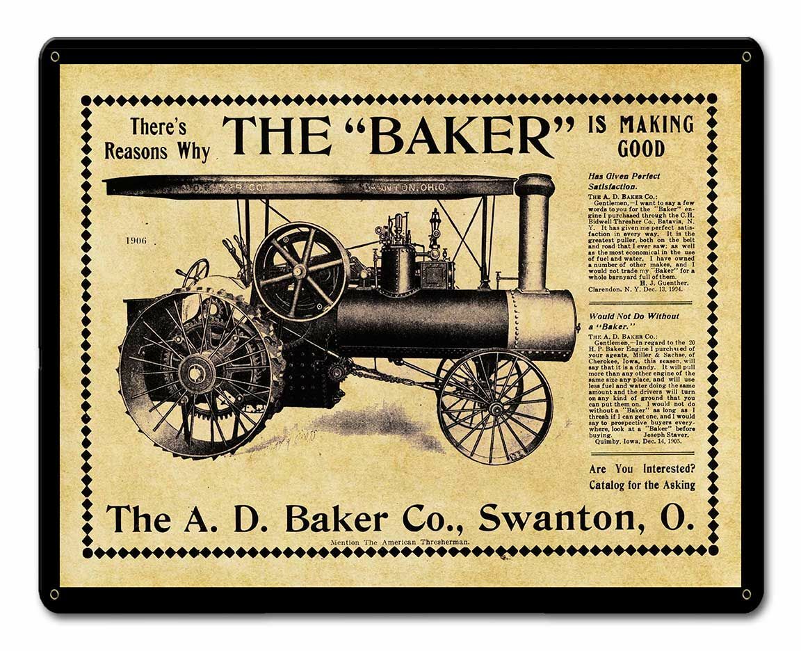 A.D. BAKER CO. 1906 FARM TRACTOR 15″ HEAVY DUTY USA MADE METAL ADVERTISING SIGN