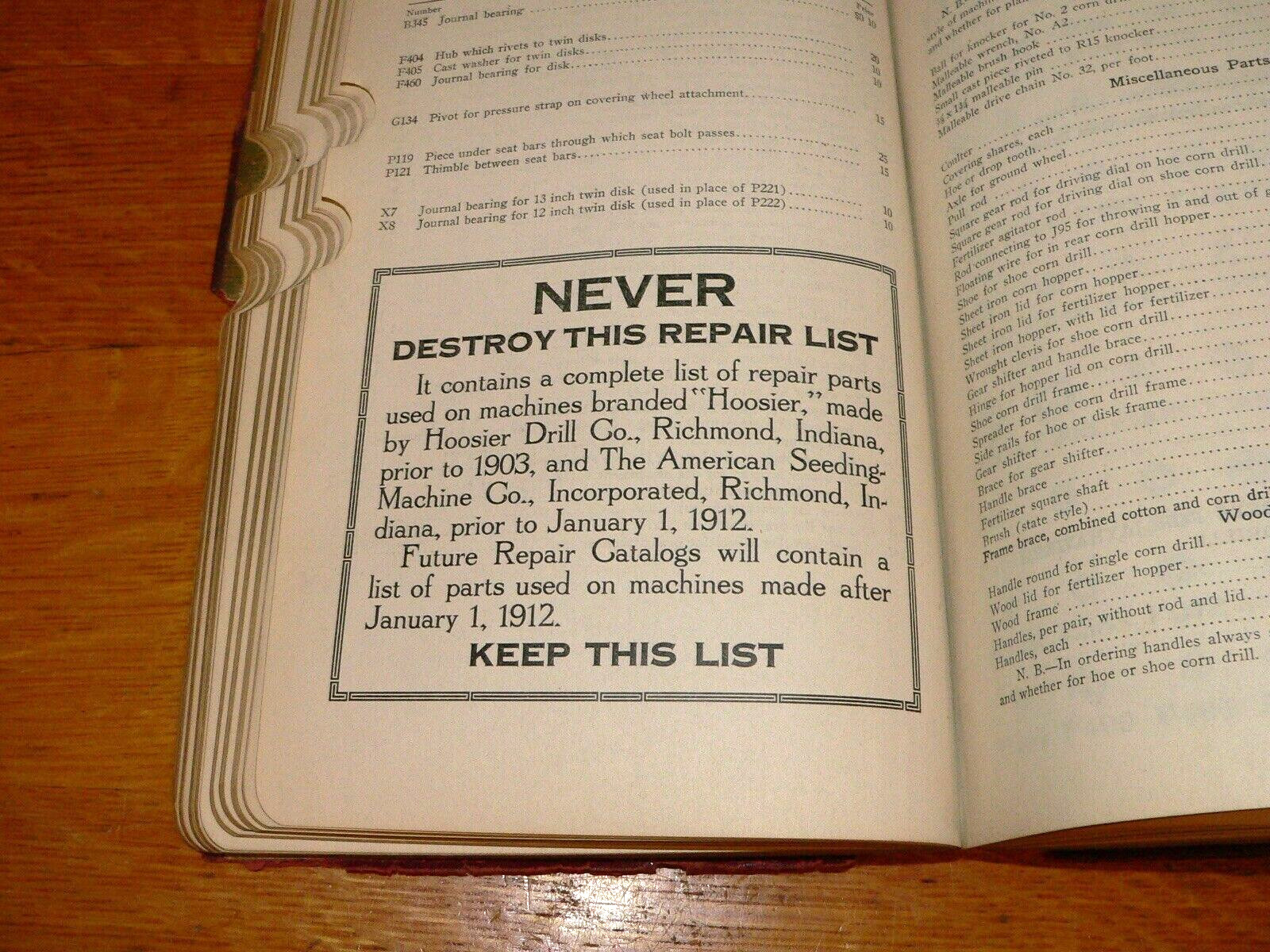 Antique 1912 American Seeding Machine “Repair List” Parts Catalog Book w/Prices