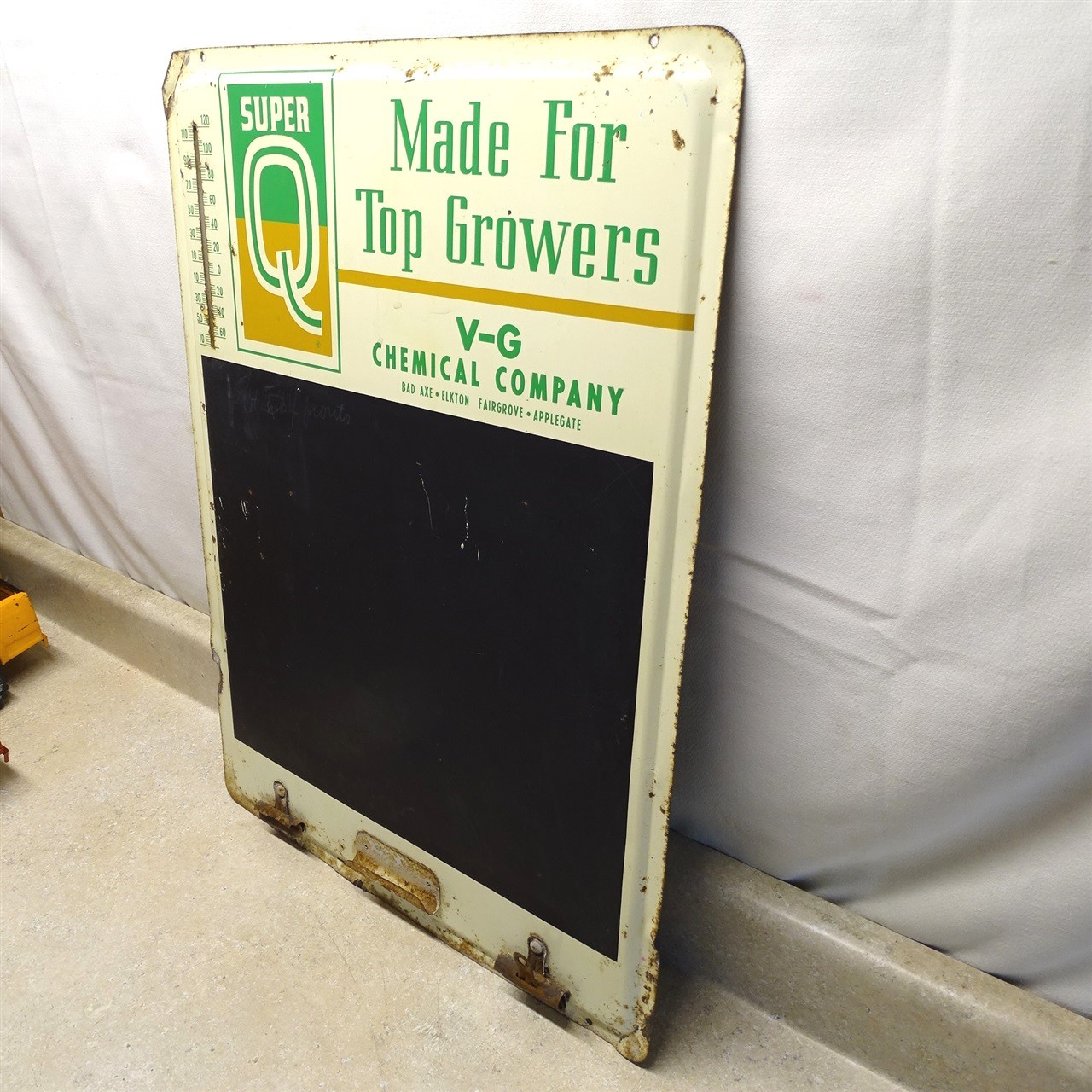 Vintage Super Q Fertilizer Sign Therm, V-G Chem. Co. Ag-Farm Ad, Metal 18″ X 24″