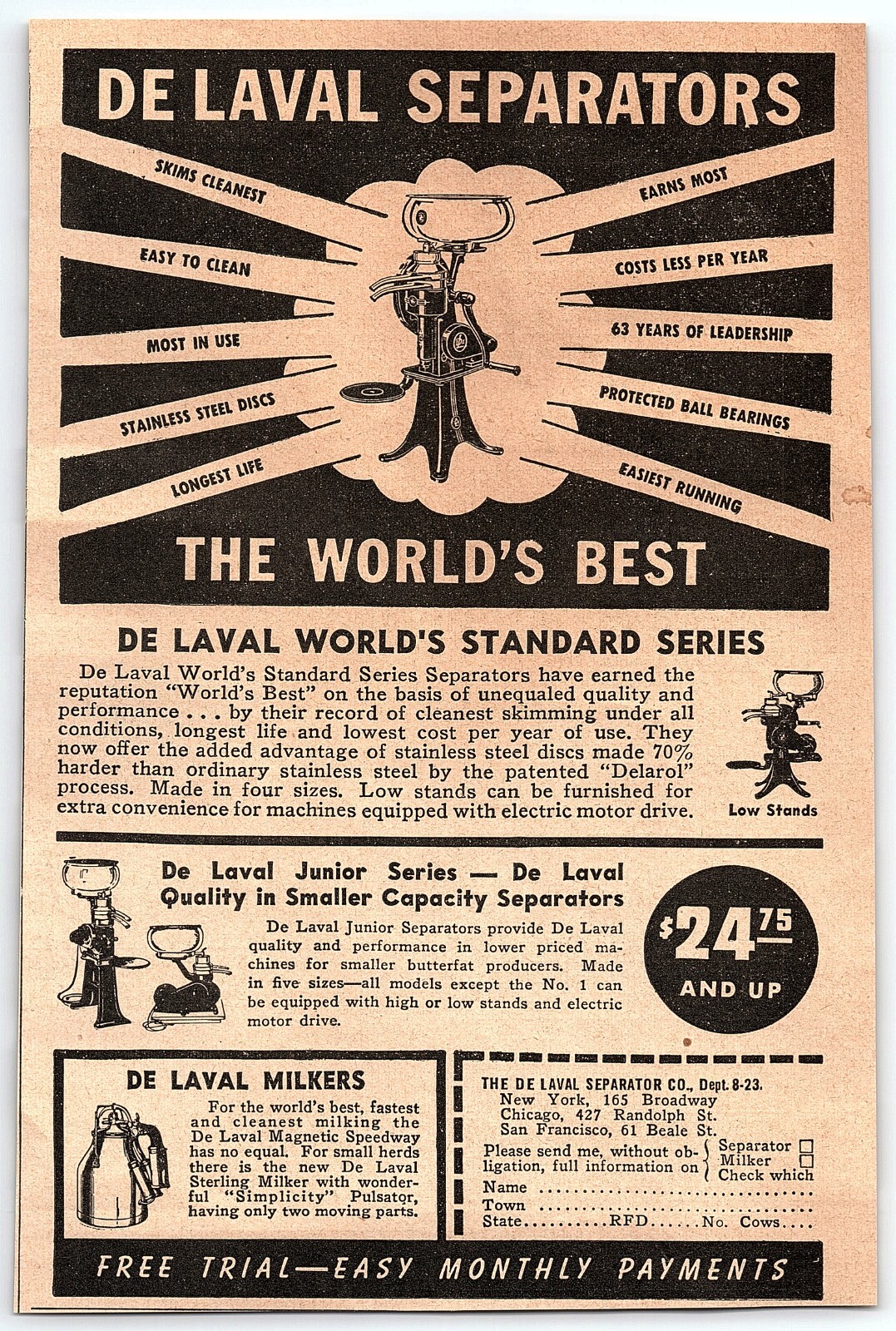 1930s DE LAVAL SEPARATORS THE WORLD’S BEST PRINT ADVERTISEMENT Z7224