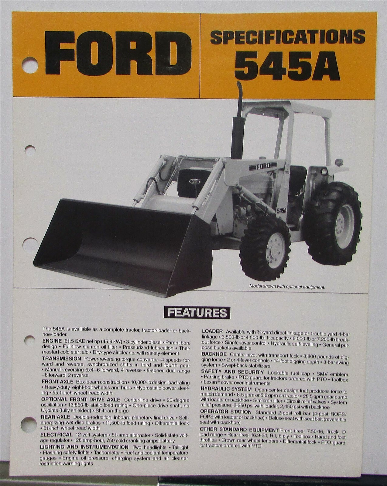 1987 Ford 545A Loader Specifications Construction Sales Brochure