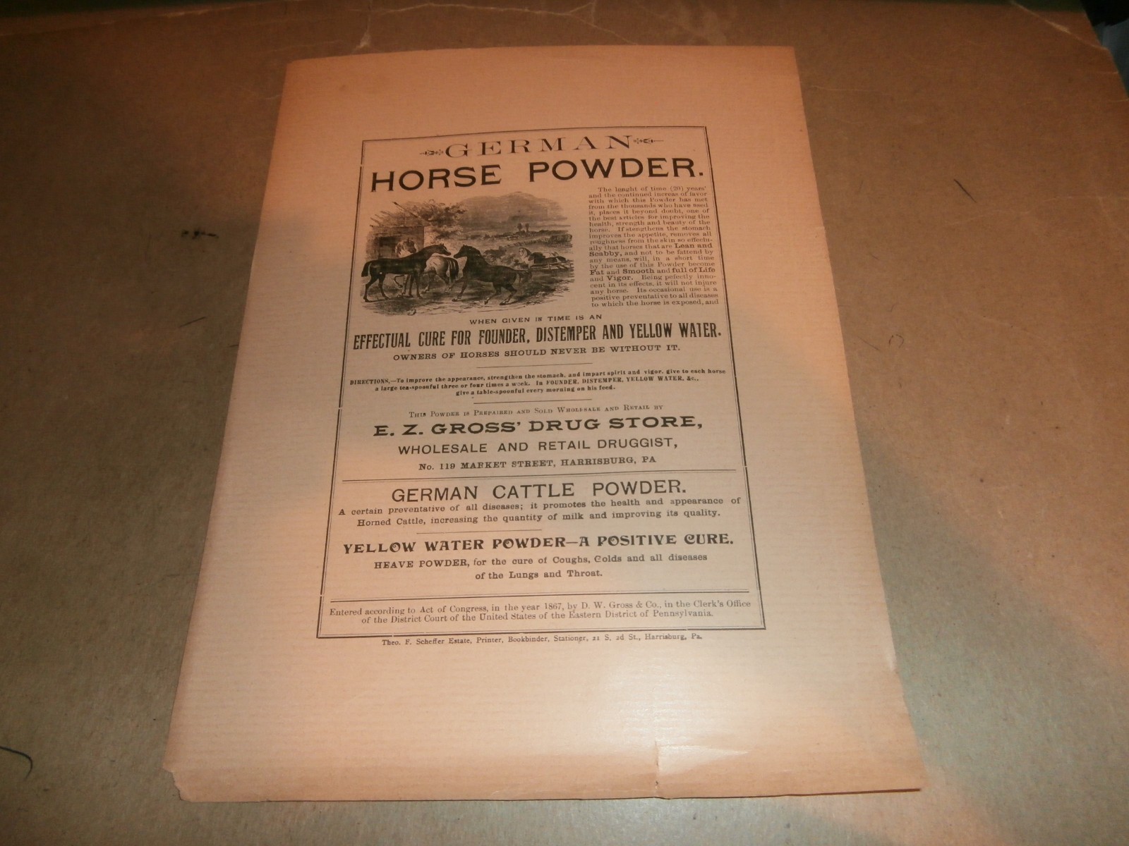 Harrisburg PA E Z Gross Drug Store German Horse Cattle Powder 1800’s Paper Ad