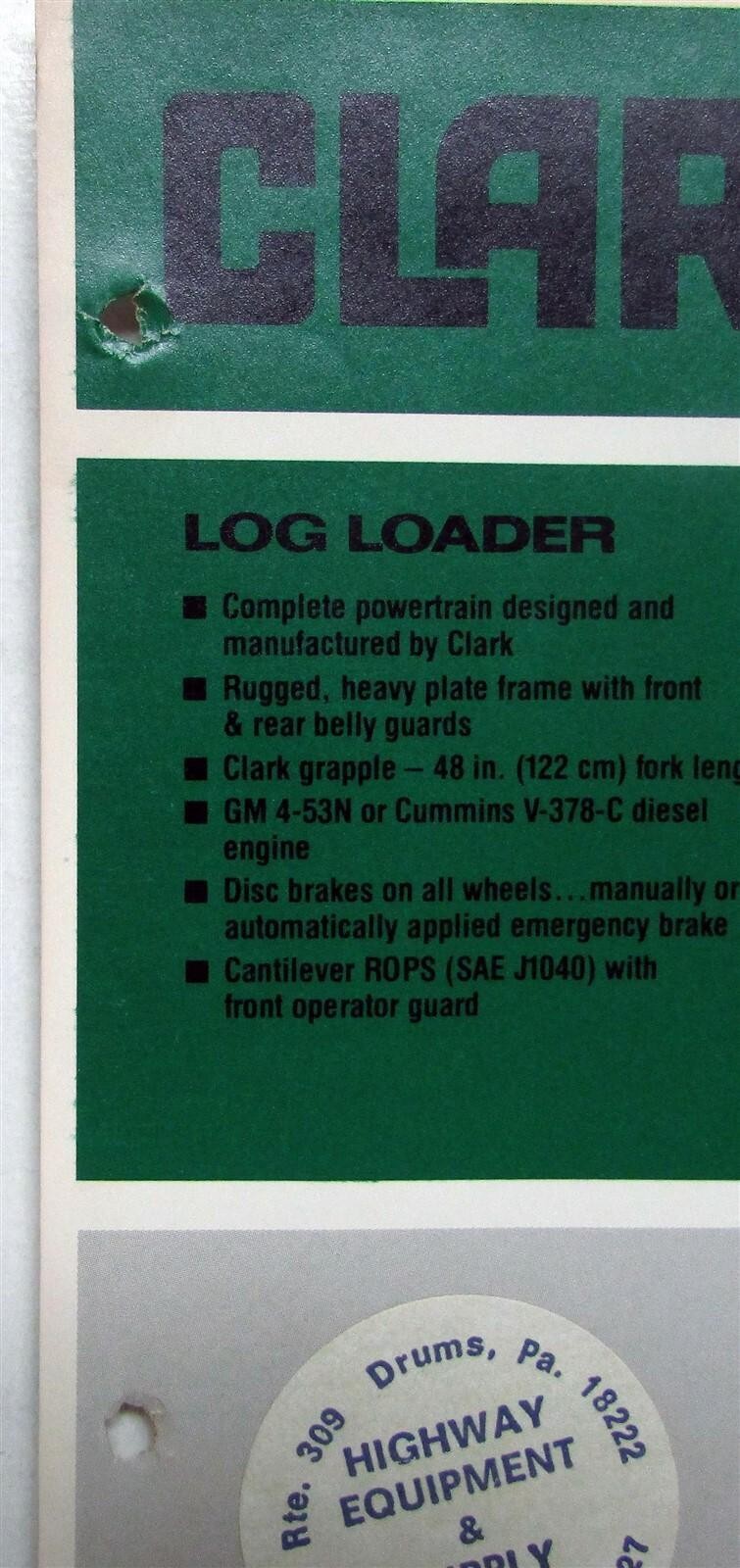 1978 Clark 55B Ranger Log Loader Specifications Construction Sales Brochure