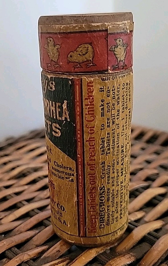 Antique Conkeys White Diarrhea Tablets Chicks Farm Medicine Rare Wood Bottle SEE