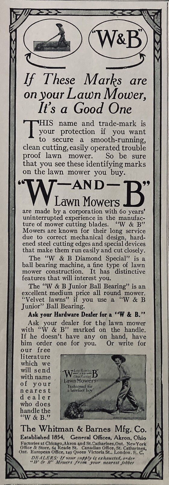 1914 AD.(XH69)~WHITMAN & BARNES MFG. CO. AKRON, OHIO. “W-AND-B” LAWN MOWERS