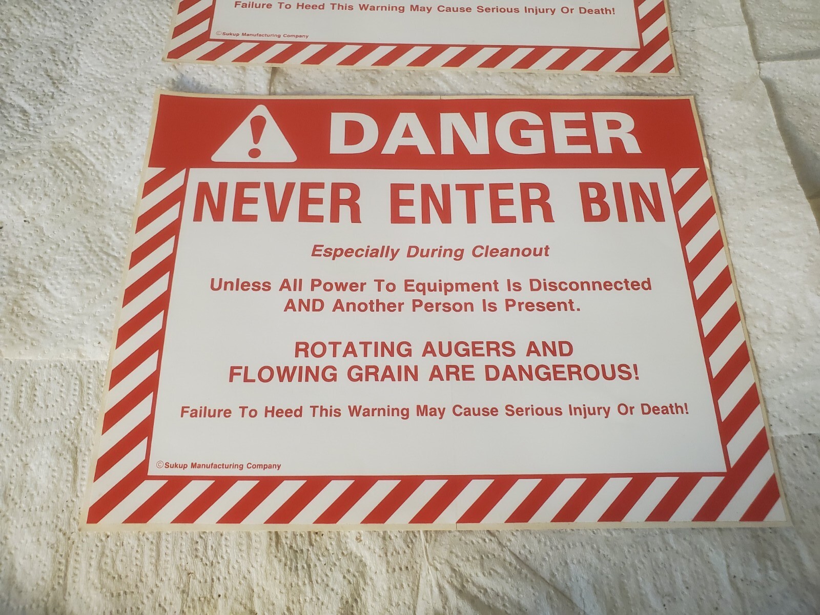 2 11″ X 8-1/2″ Peel Off Stickers Danger Never Enter Bin Sukup Corn Grain Farm