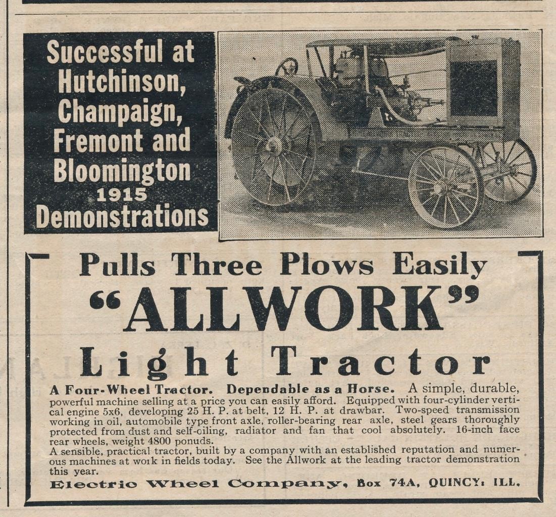 Magazine Ad – 1916 – Electric Wheel Co., Quincy, IL – “ALLWORK” Tractor