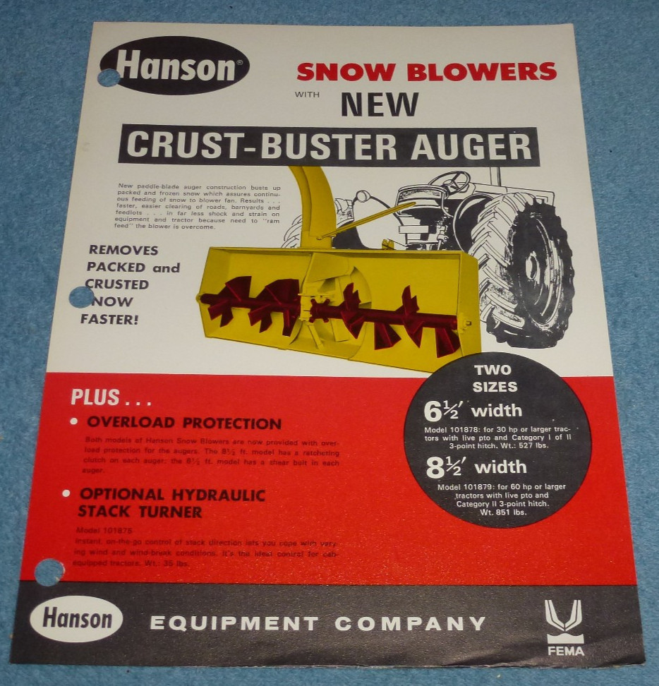 Vintage 1971 Hanson Equipment Co Snow Blowers With Crust-Buster Auger Brochure