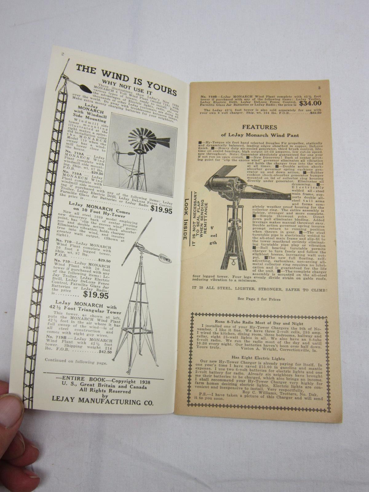 LEJAY Wind Electric Equipment Catalog Brochure Ad Vtg Old Farm Mill Tool Paper