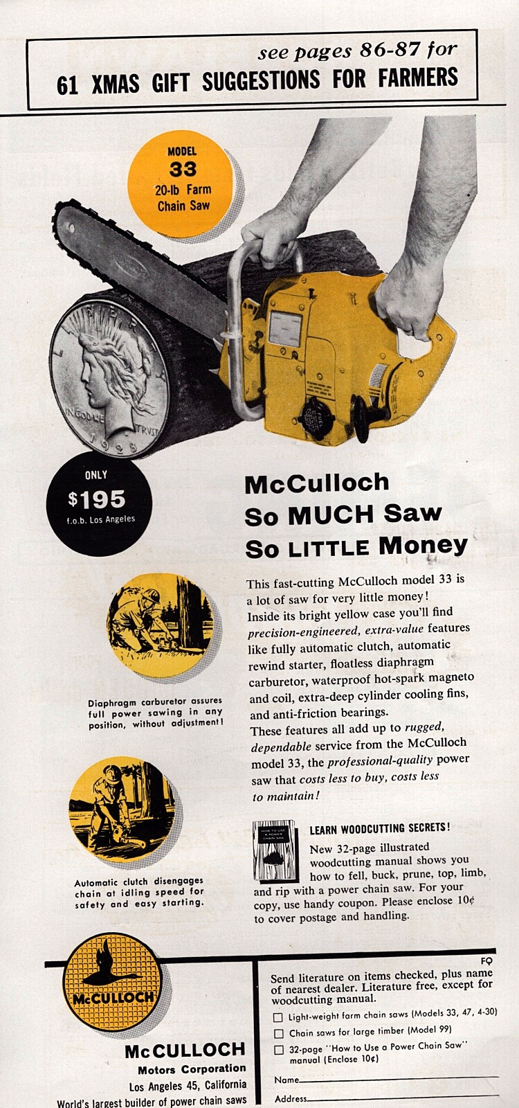 1955 McCulloch Model 33 Chainsaw Original Color Ad