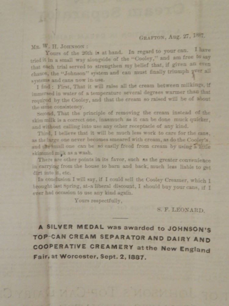 1887 JOHNSON’s Top-Can DAIRY CREAMERY Cream Separator broadside WESTBORO MA milk