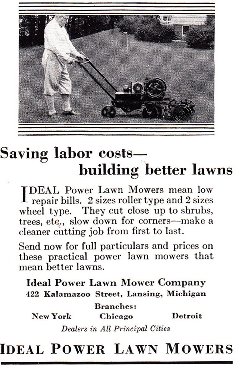 1929 Ideal Power Lawn Mowers: Saving Labor Costs Vintage Print Ad