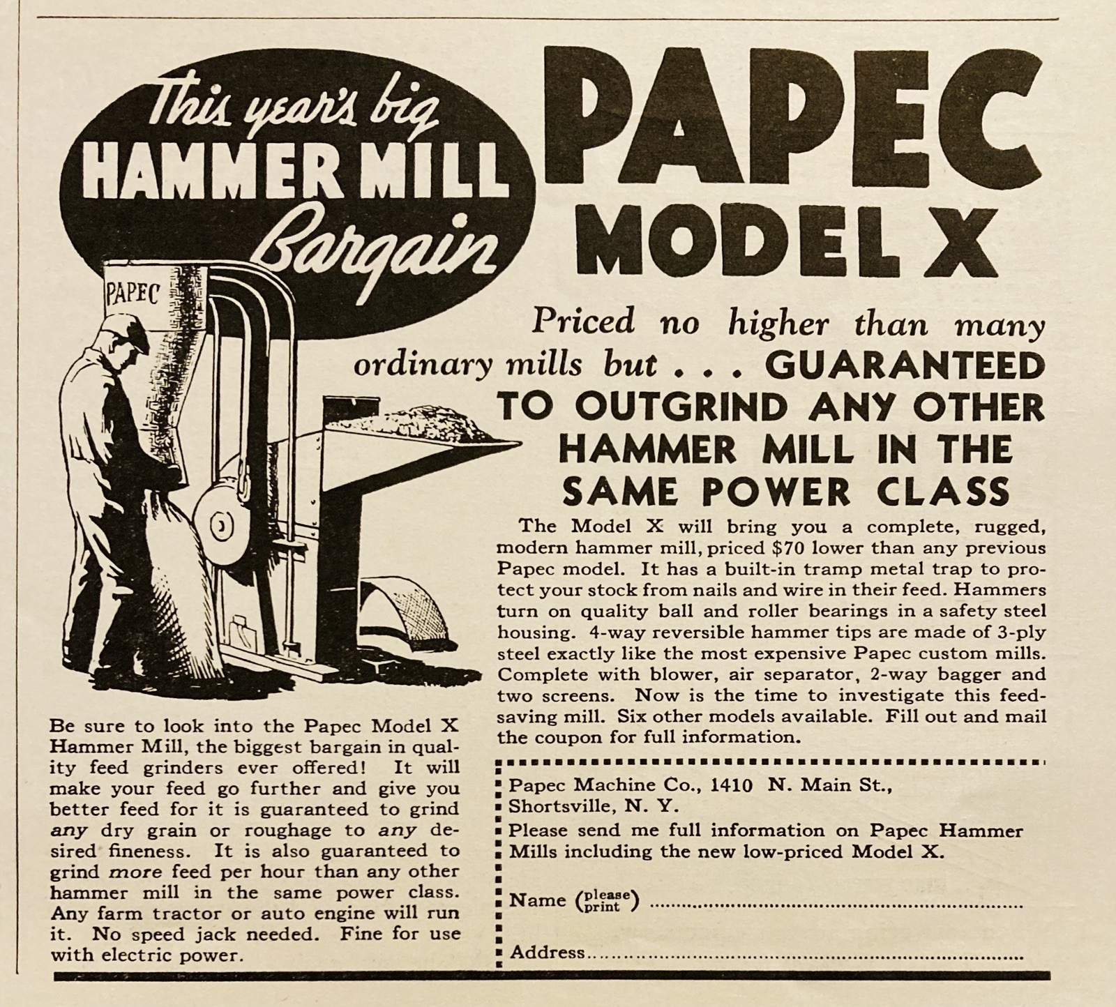 1936 AD.(XH82)~PAPEC MACHINE CO. N. MAIN ST. SHORTSVILLE, NY. PAPEC HAMMER MILLS