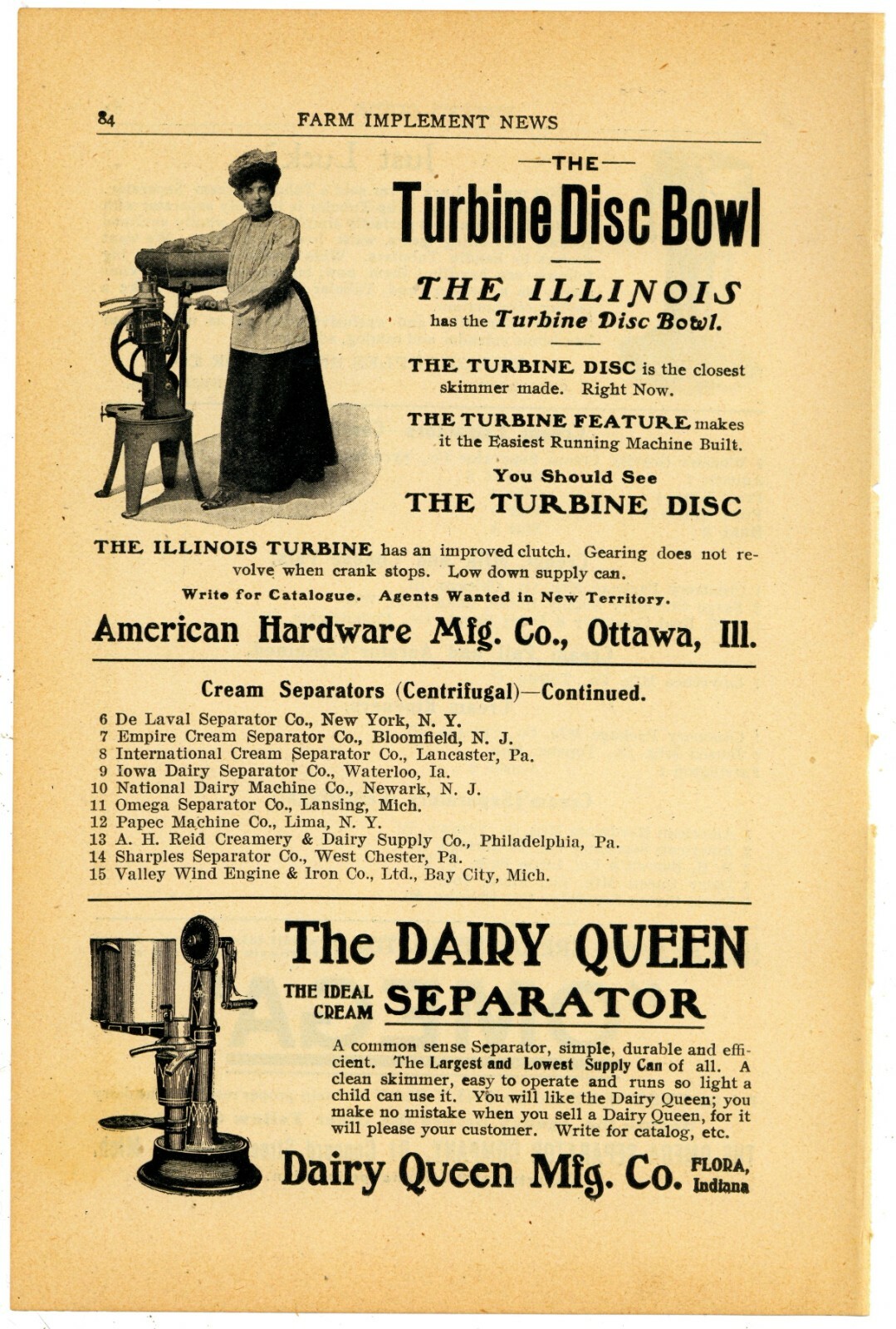 1905 American Hardware Mfg. Co. Ad: Turbine Disc Bowl – Ottawa, Illinois