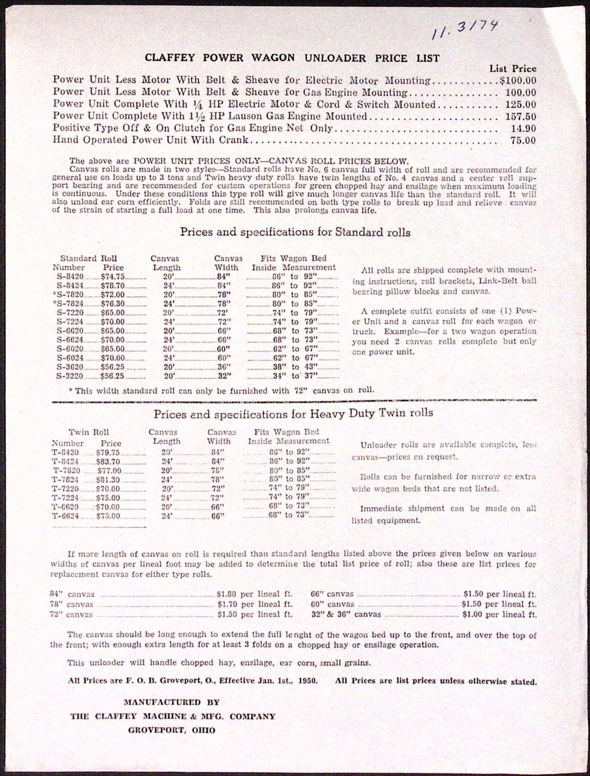 1950s Claffey Wagon Unloader Brochure Claffey Machine & Mfg Co Groveport OH