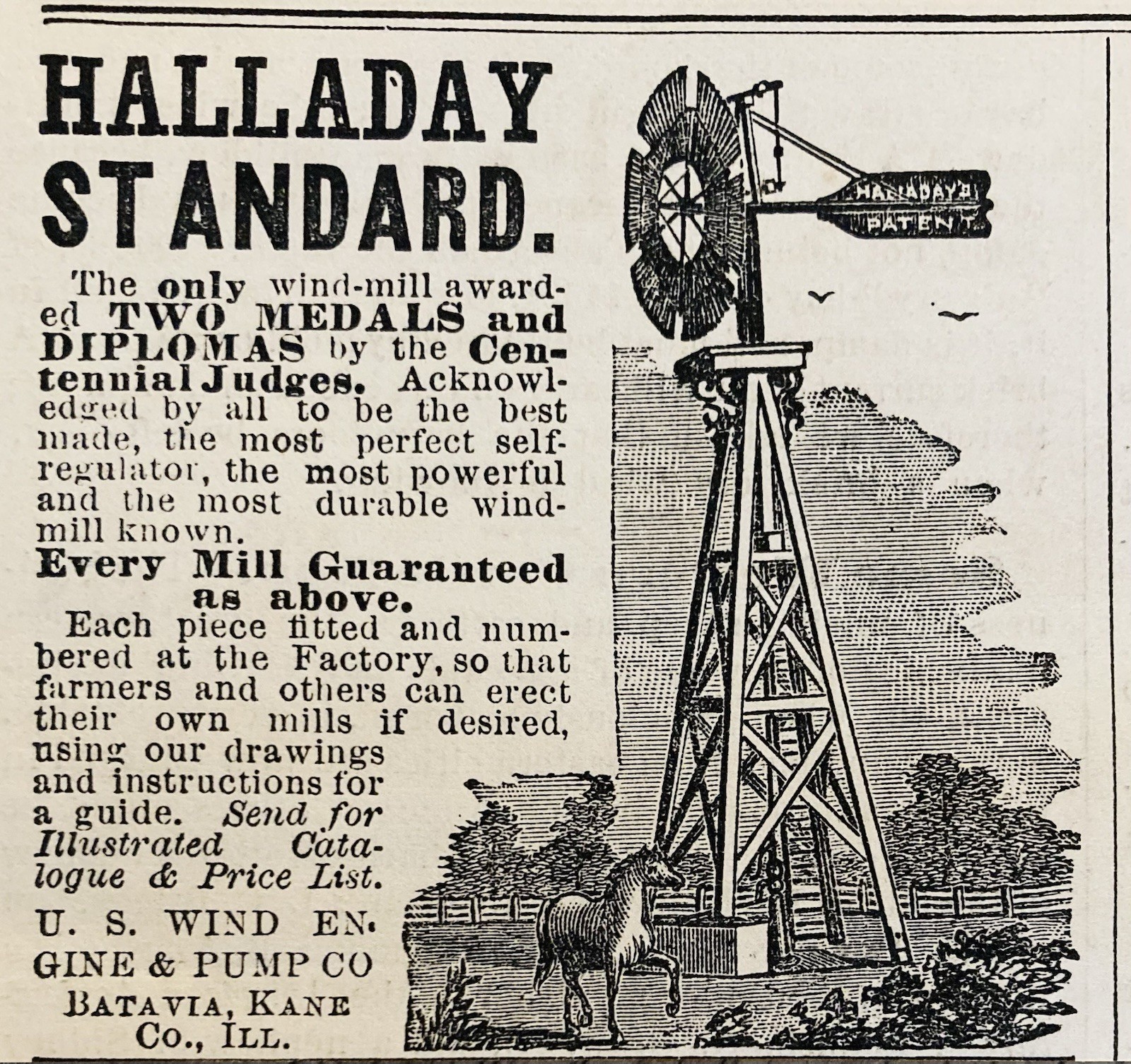 1877 AD.(XH87)~U.S. WIND ENGINE PUMP CO. BATAVIA, ILL. HALLADAY WINDMILLS~~