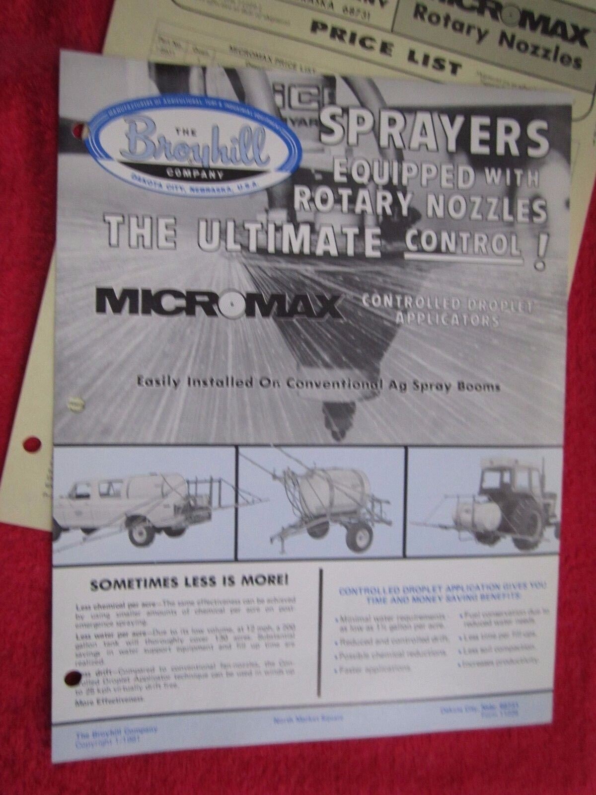 1981 BROYHILL MICROMAX ROTARY SPRAYER NOZZLE BROCHURE & PARTS LIST
