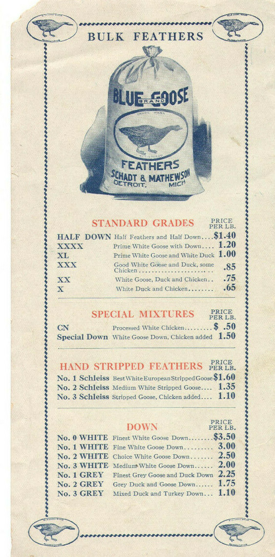 VINTAGE 1928 PILLOW & BULK FEATHER BROCHURE W/PRICES! TURKEY, GOOSE, DUCK DOWN!