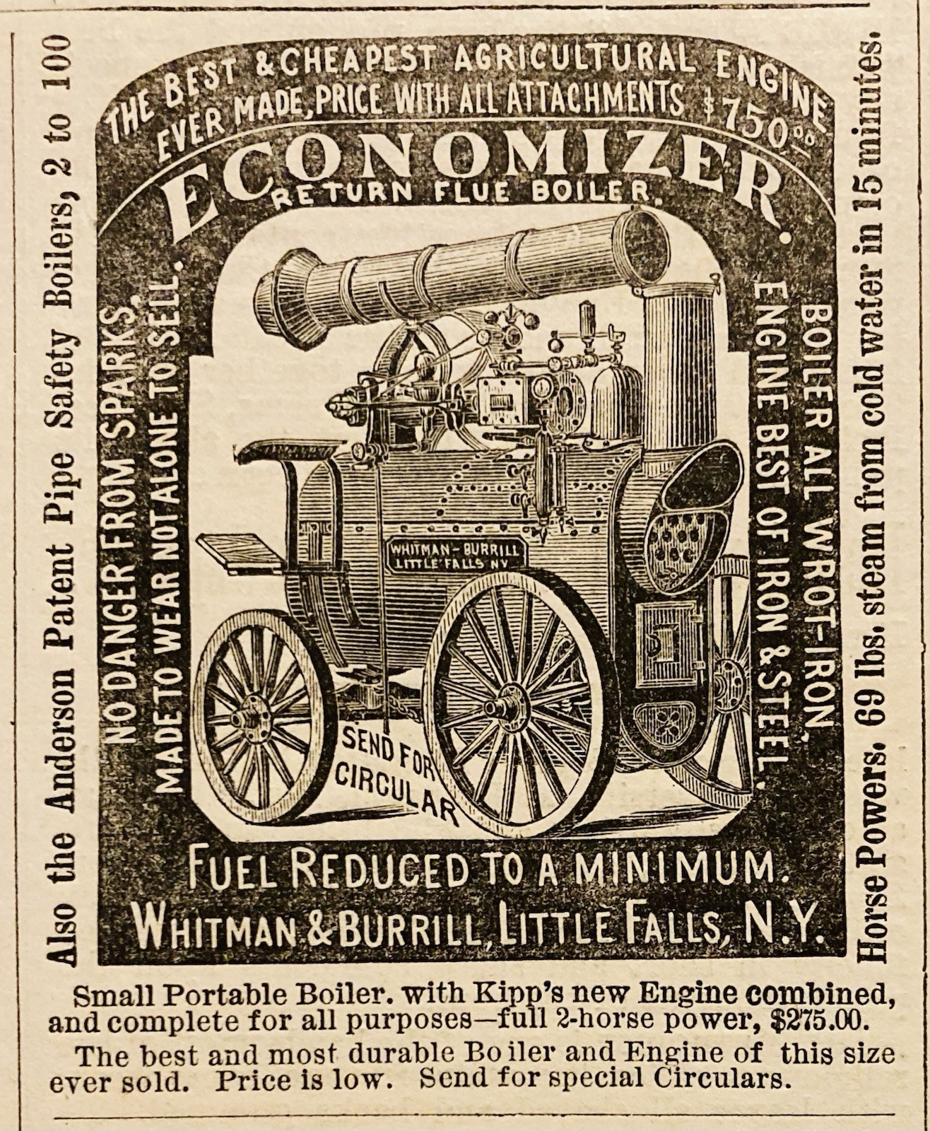 1872 AD.(PC6)~WHITMAN & BURRELL CO. LITTLE FALLS, NY. ECONOMIZER BOILER