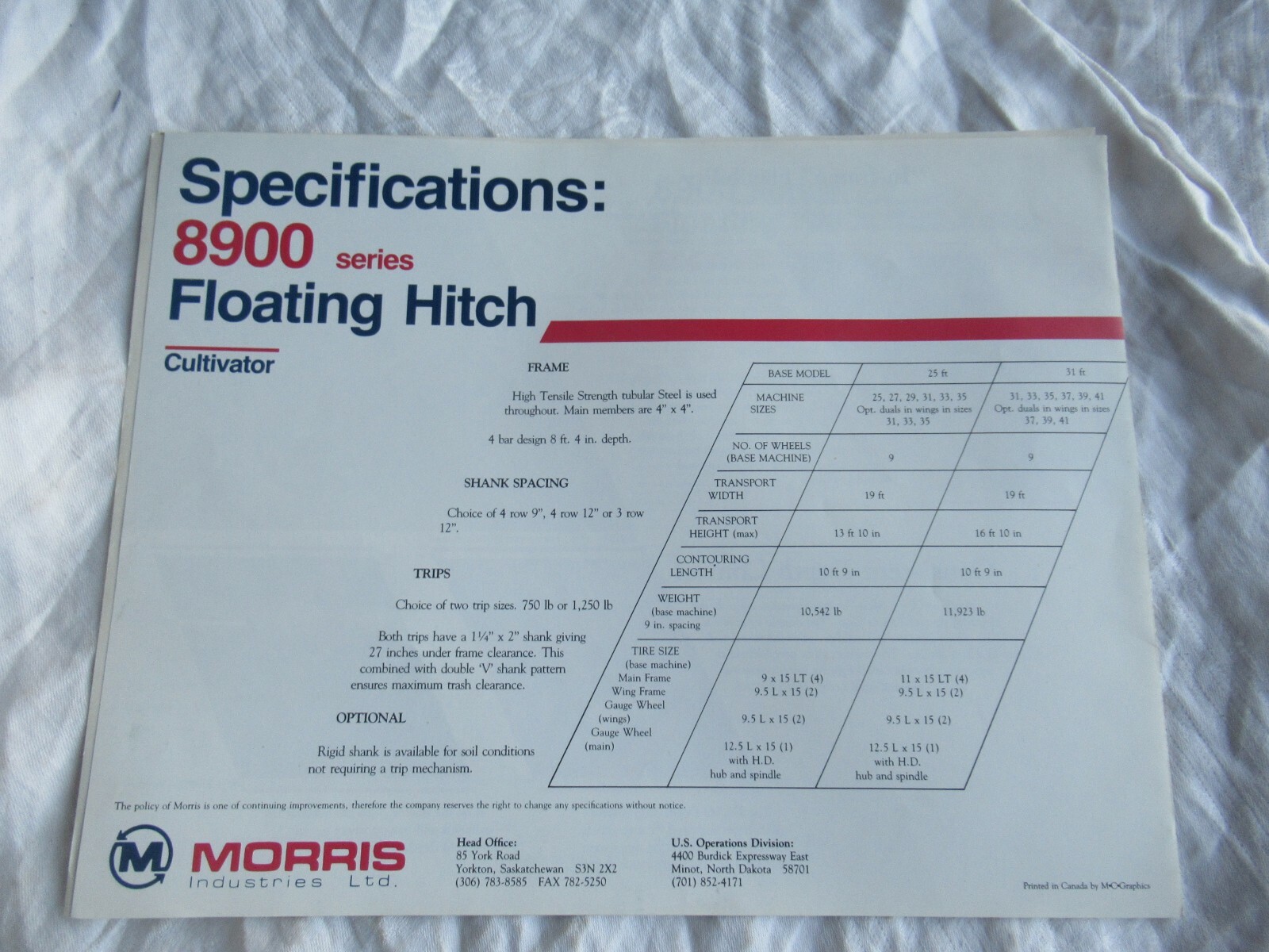 Morris 8900 series cultivator brochure