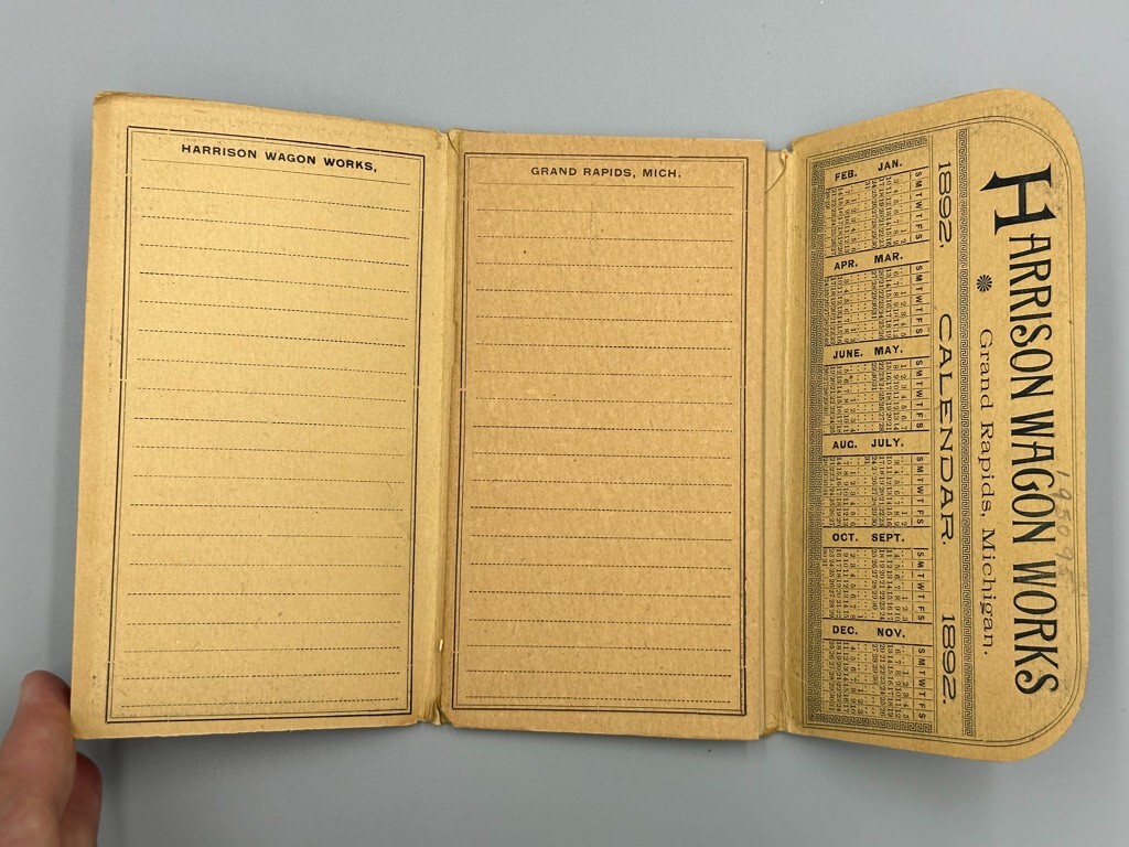 1892 HARRISON WAGON WORKS Machinery FARM Pocket Ledger GRAND RAPIDS MI Advertise