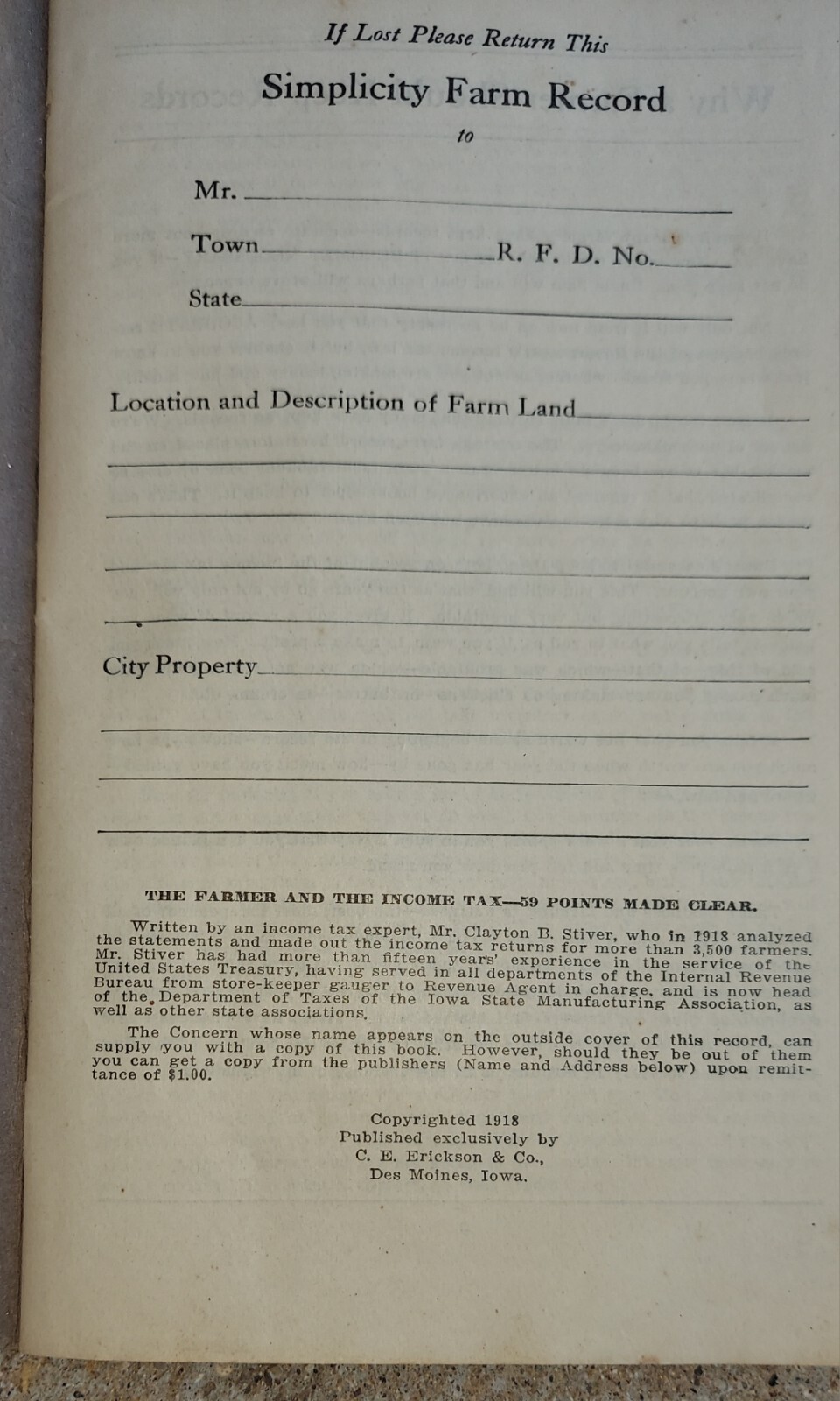 1919 The Simplicity Farm Record Wm. Walton Nephews Freeport IL Dry Goods Store