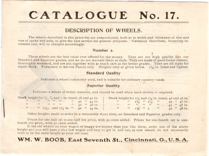 1890’s Wm. W. Boob, Mfg of Wheels, Gears, Buggies/Flyers, Add Sheets, Catalog 17