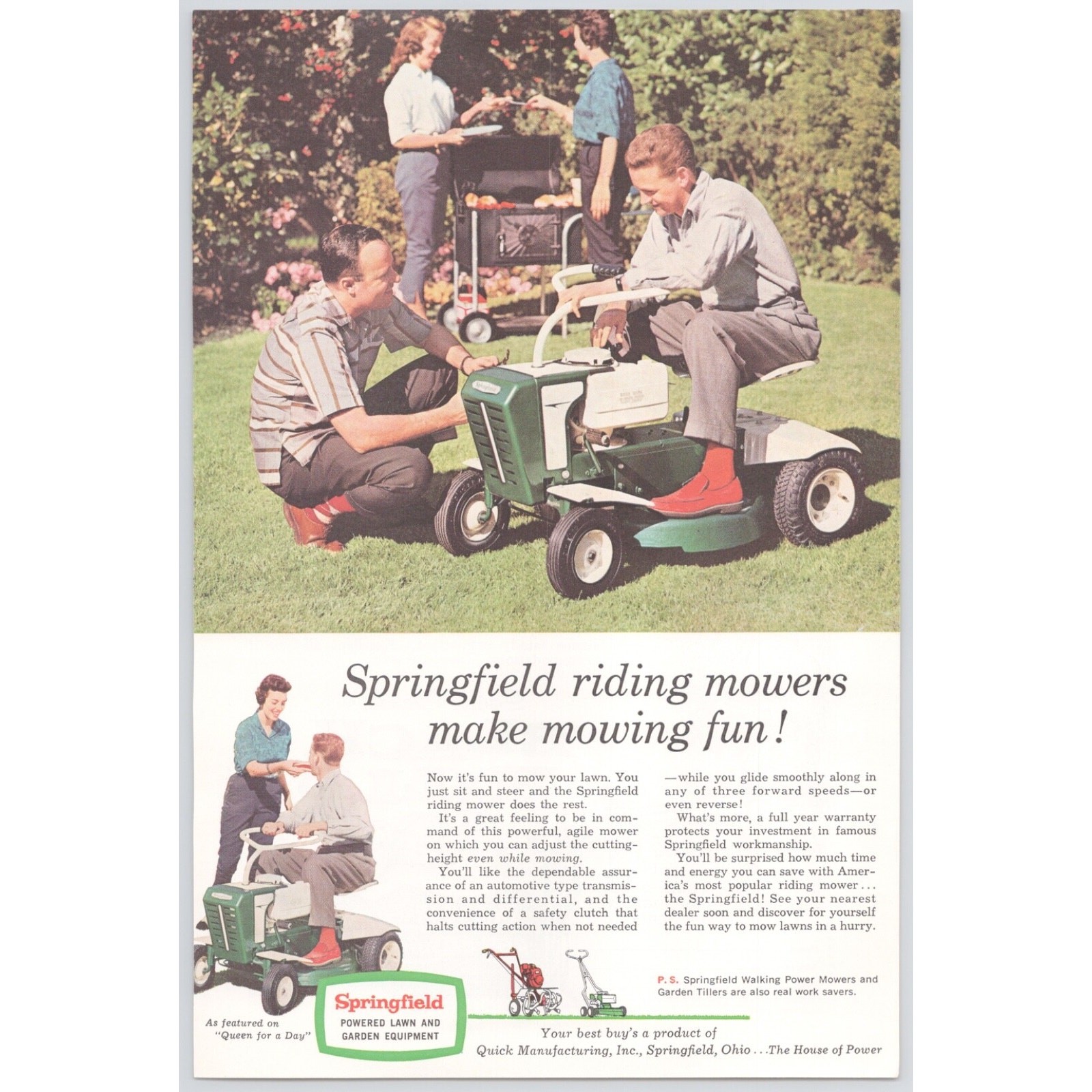 1960 Springfield Riding Lawn Mower Vtg Print Ad Backyard Grill Ohio