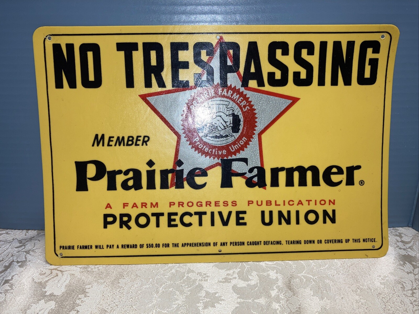 Vtg Prairie Farmer Protective Union No Traspassing Sign Plastic 22×8 Preowned