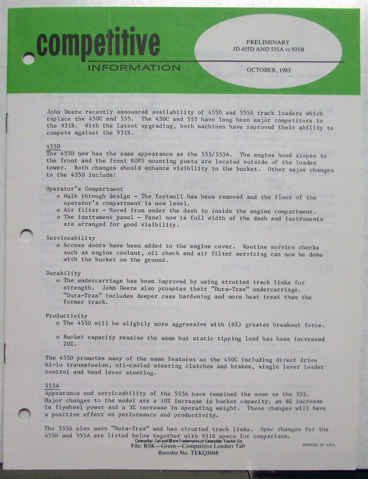 1984 Caterpillar Loaders John Deere Specs Construction Competitive Info PRELIM
