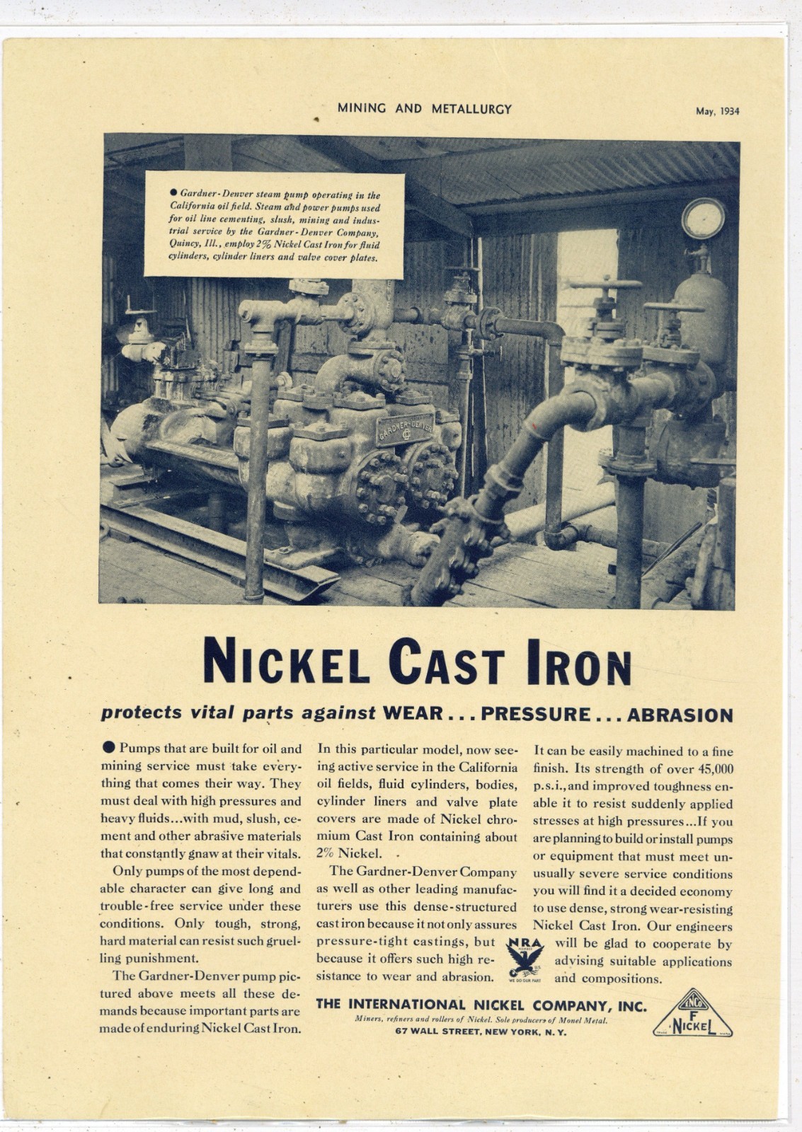 1934 INCO International Nickel Co Ad: Gardner Denver Steam Pump in Oil Field Job