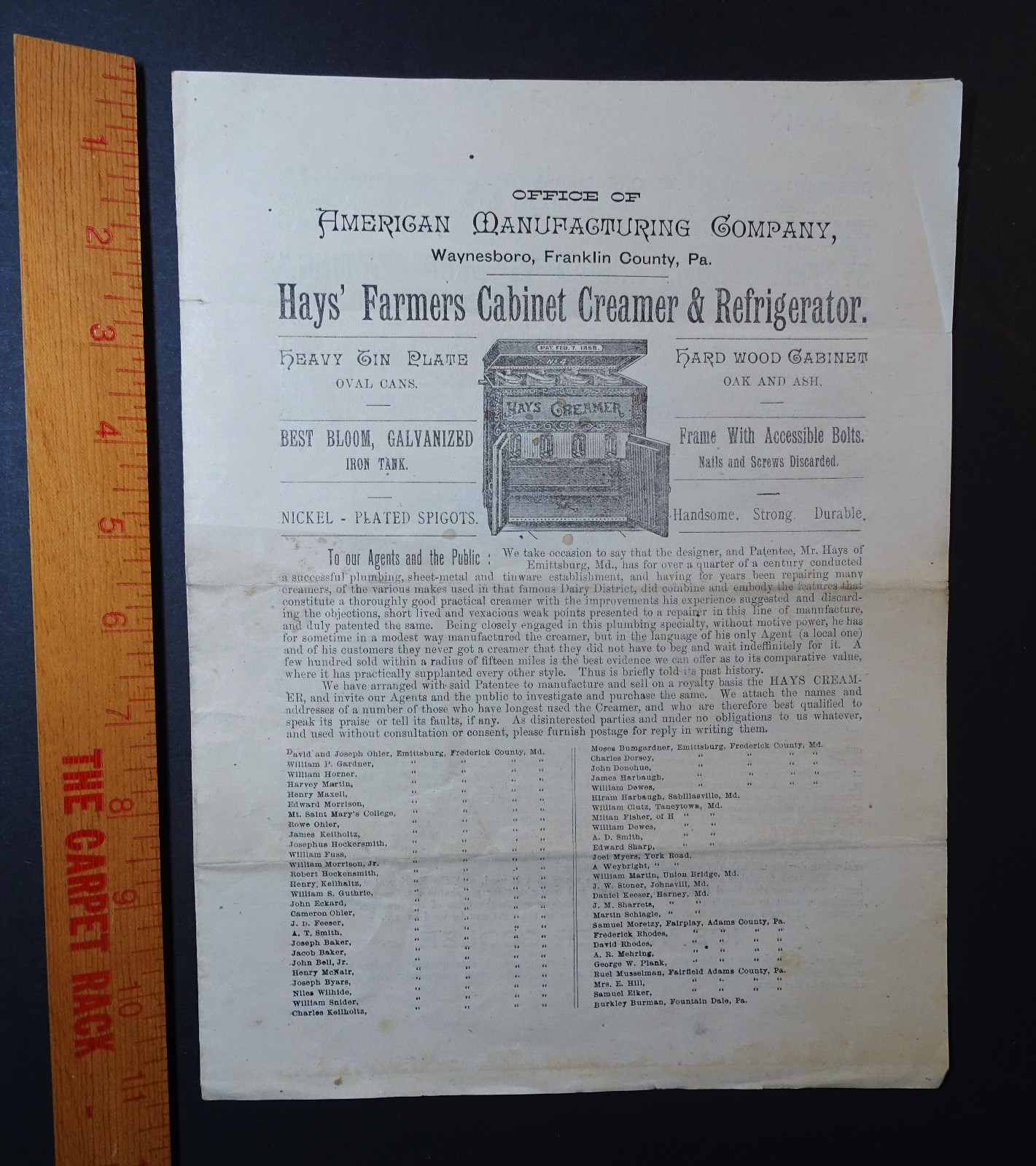 RARE Advertising Catalog / Flyer Hays Farmers Cabinet Creamer 1880 Waynesboro PA