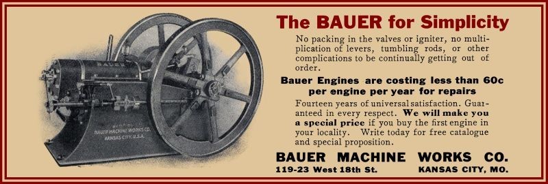 1908 Bauer Machine Works Gas Engines, Kansas City, MO New Metal Sign: 6×18″