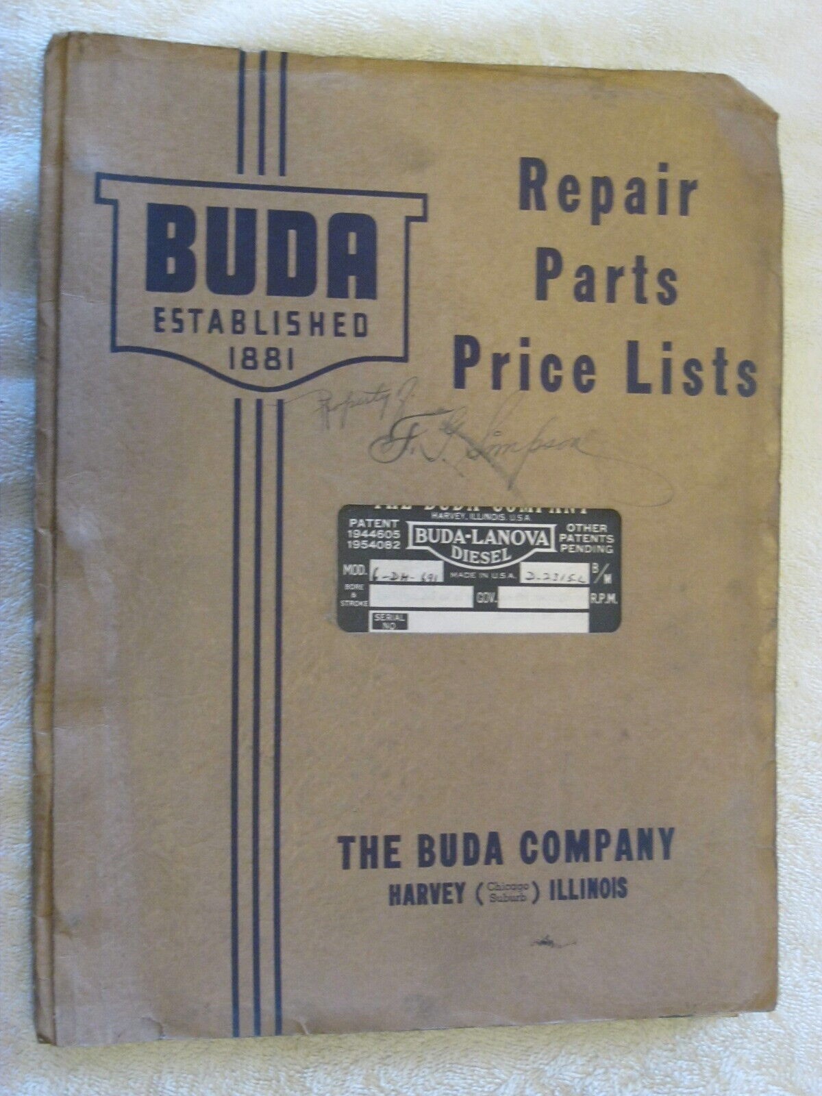 1940’s BUDA MODEL 6DH-691 DIESEL ENGINE REPAIR PARTS LIST MANUAL