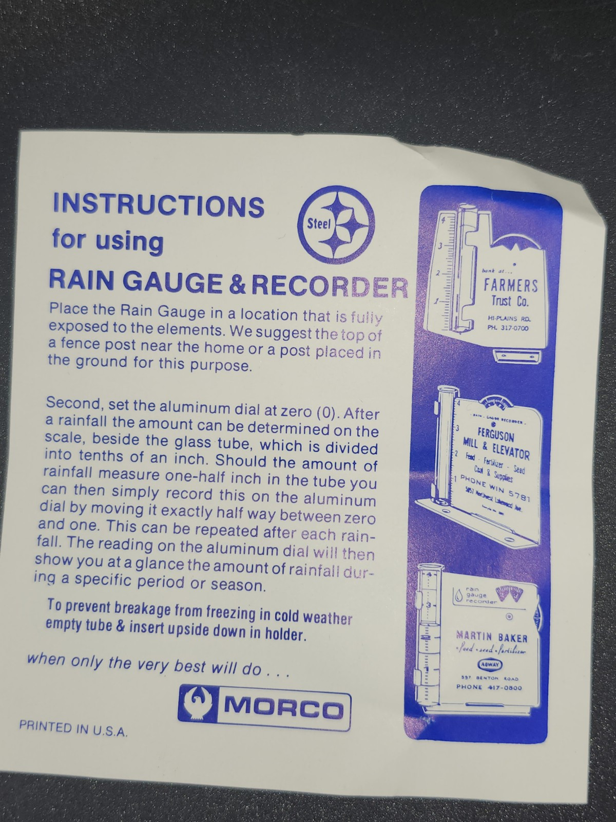 NOS VINTAGE 80s HYLAND SEEDS MORCO METAL RAIN GAUGE USA NEW IN BOX 6.5 X 5.5 In