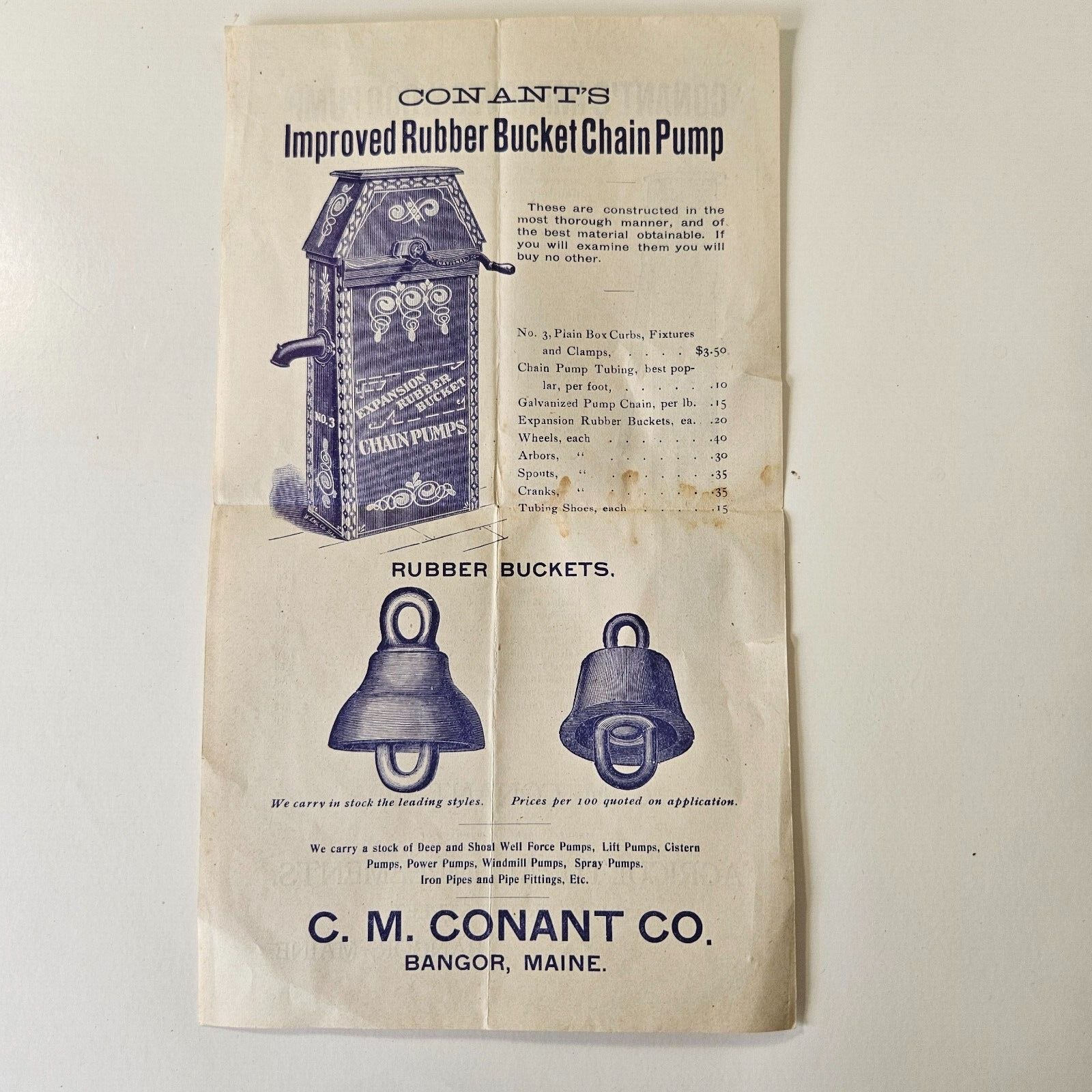 Late 1800’s Conant Co Bangor Maine Sales Brochure Wood & Bucket Chain Water Pimp
