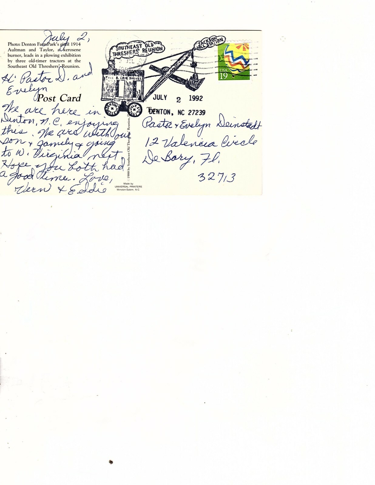 southeast florida Steam Thresher’s Reunion postcard 1992 (mb17
