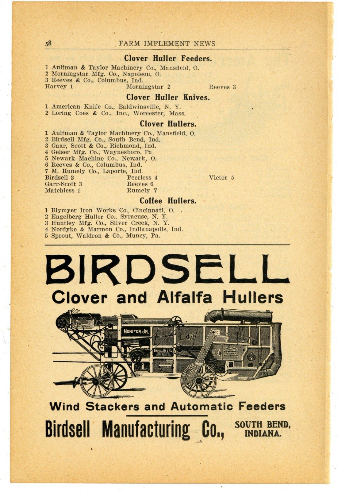 1905 Birdsell Mfg. Co. Ad: Clover & Alfalfa Hullers – South Bend, Indiana
